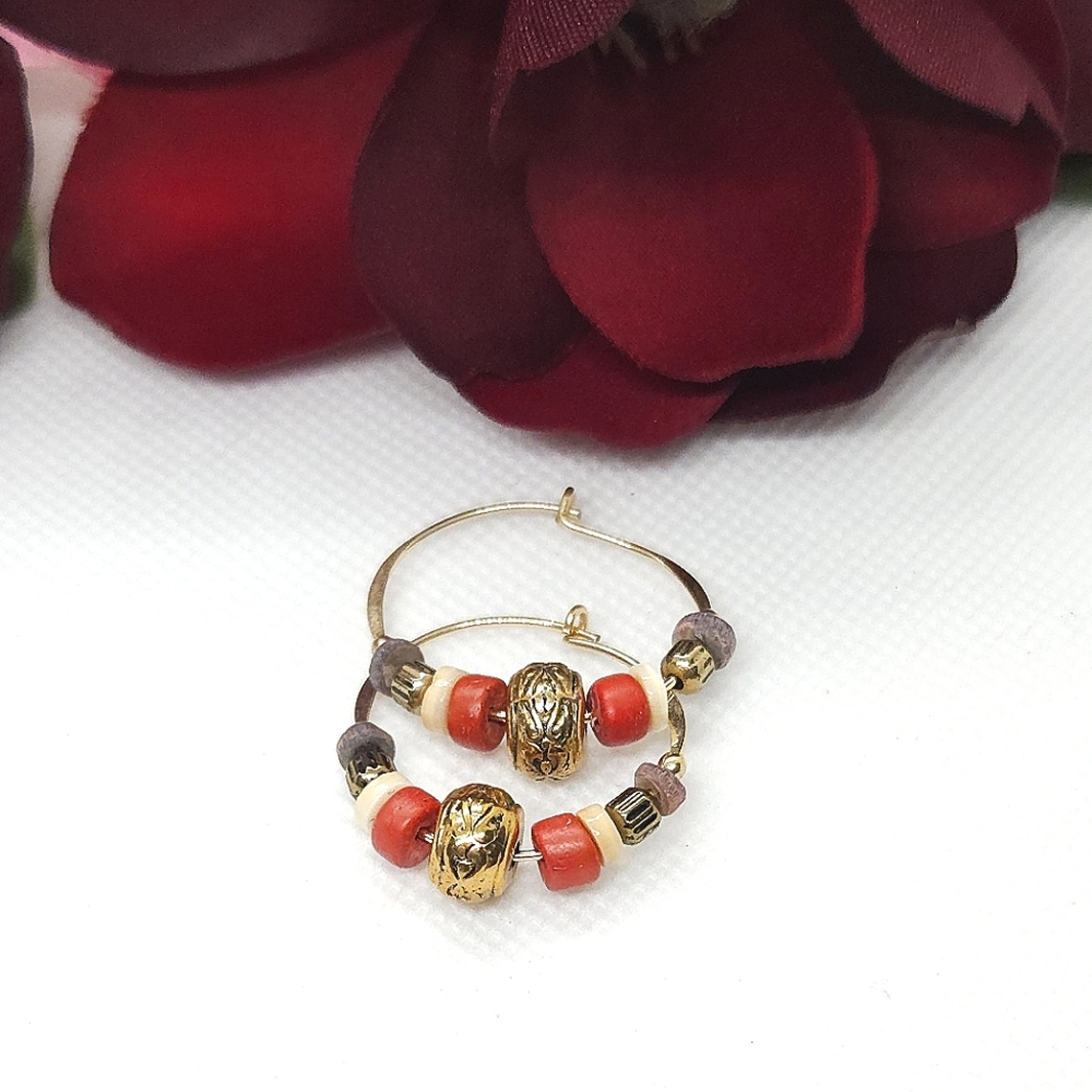Gold Tone Beaded Hoop Earrings Purple Pink Gold Bead Hoop Earrings